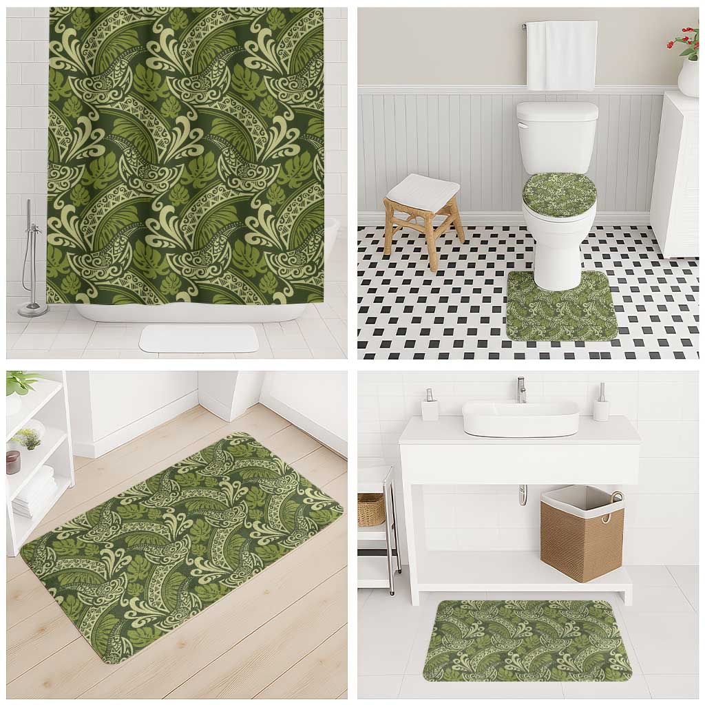 Olive Green Monstera Bathroom Set Polynesian Tribal Pattern - Polynesian Pride