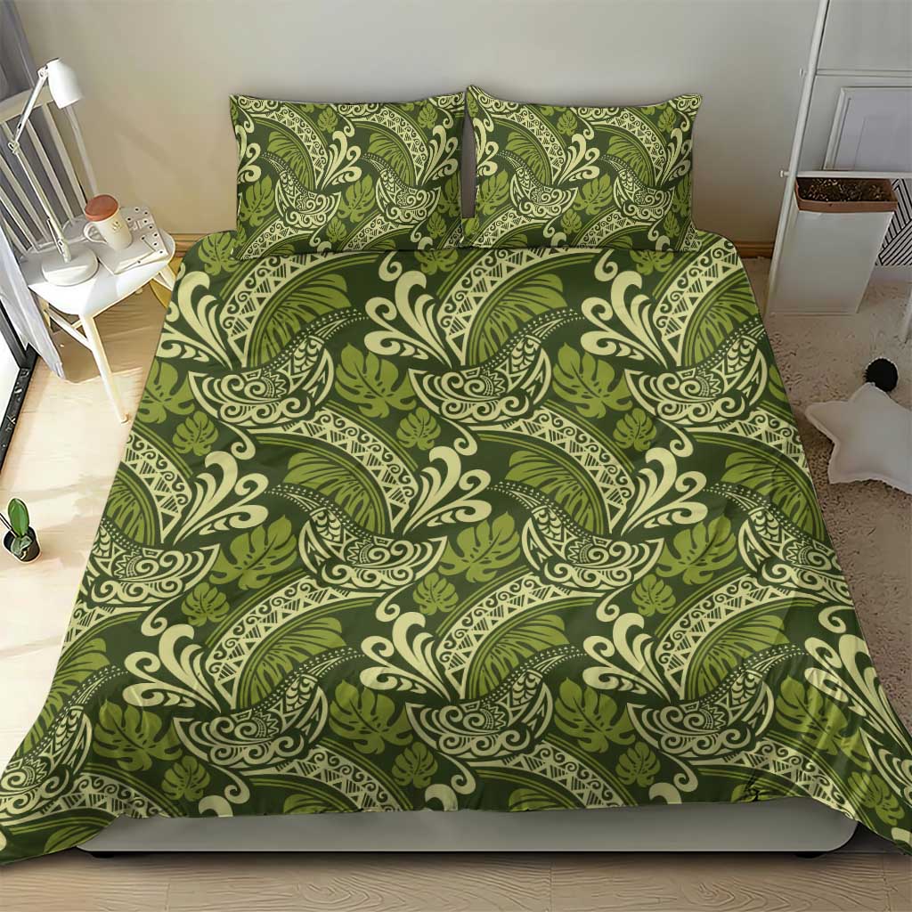 Olive Green Monstera Bedding Set Polynesian Tribal Pattern - Polynesian Pride
