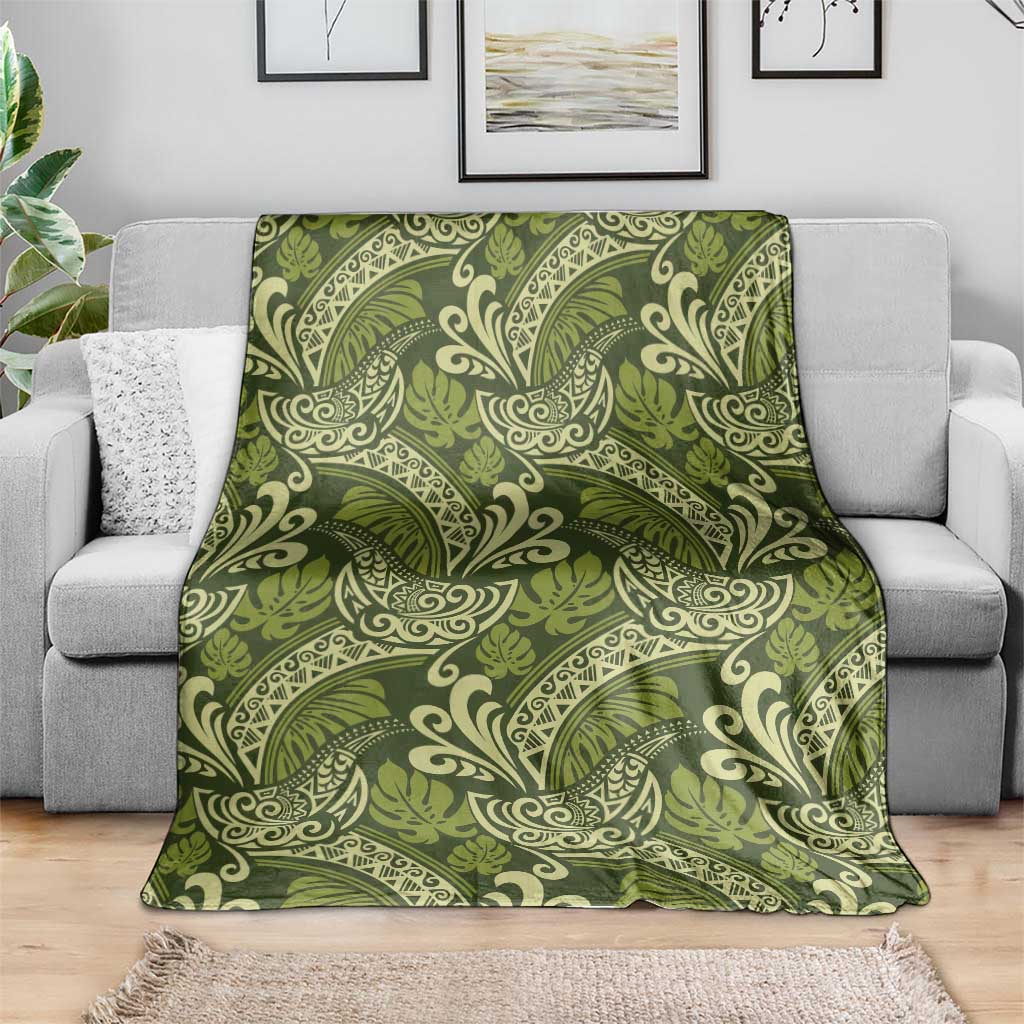 Olive Green Monstera Blanket Polynesian Tribal Pattern - Polynesian Pride