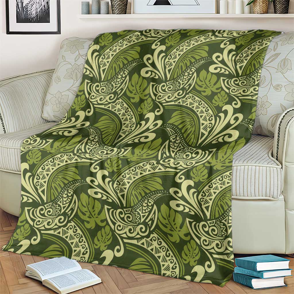 Olive Green Monstera Blanket Polynesian Tribal Pattern - Polynesian Pride