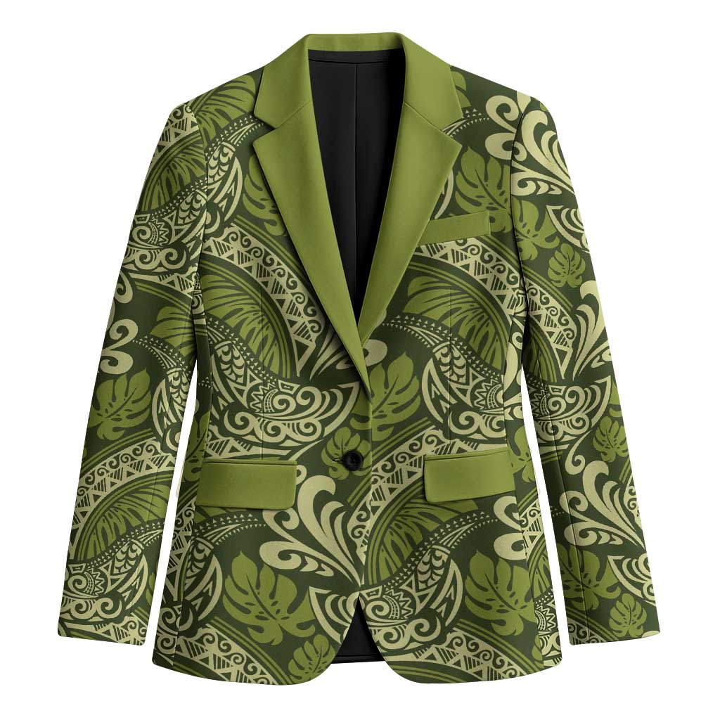 Olive Green Monstera Blazer Polynesian Tribal Pattern - Polynesian Pride