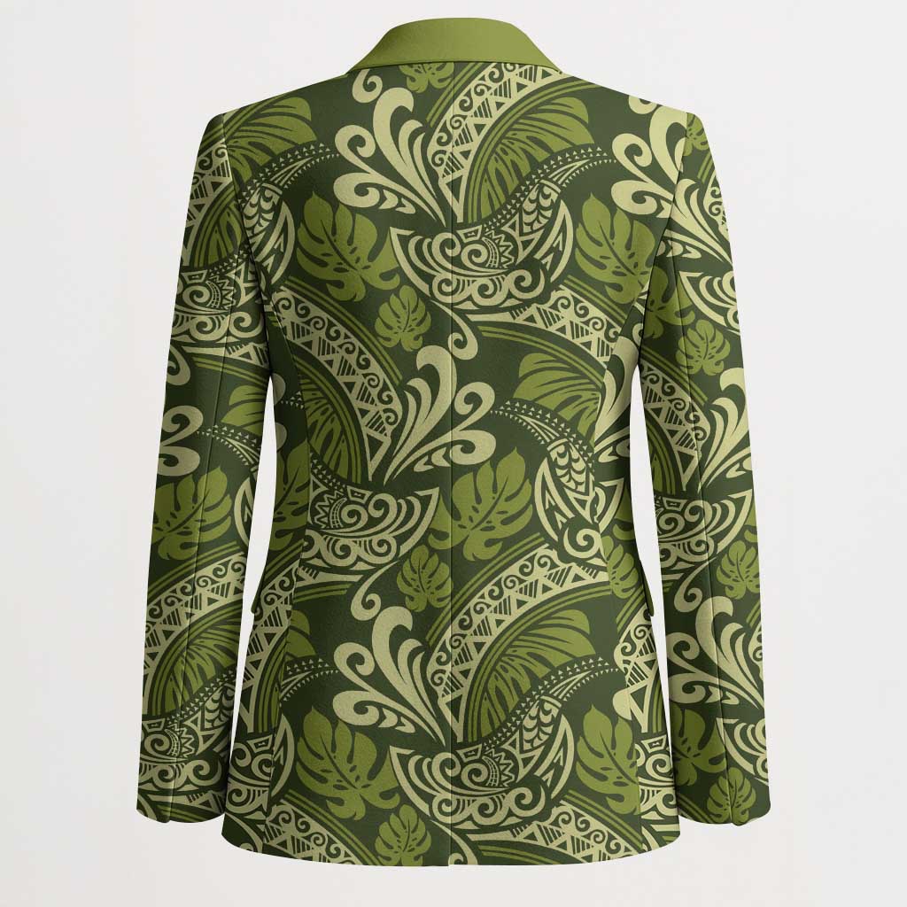 Olive Green Monstera Blazer Polynesian Tribal Pattern - Polynesian Pride