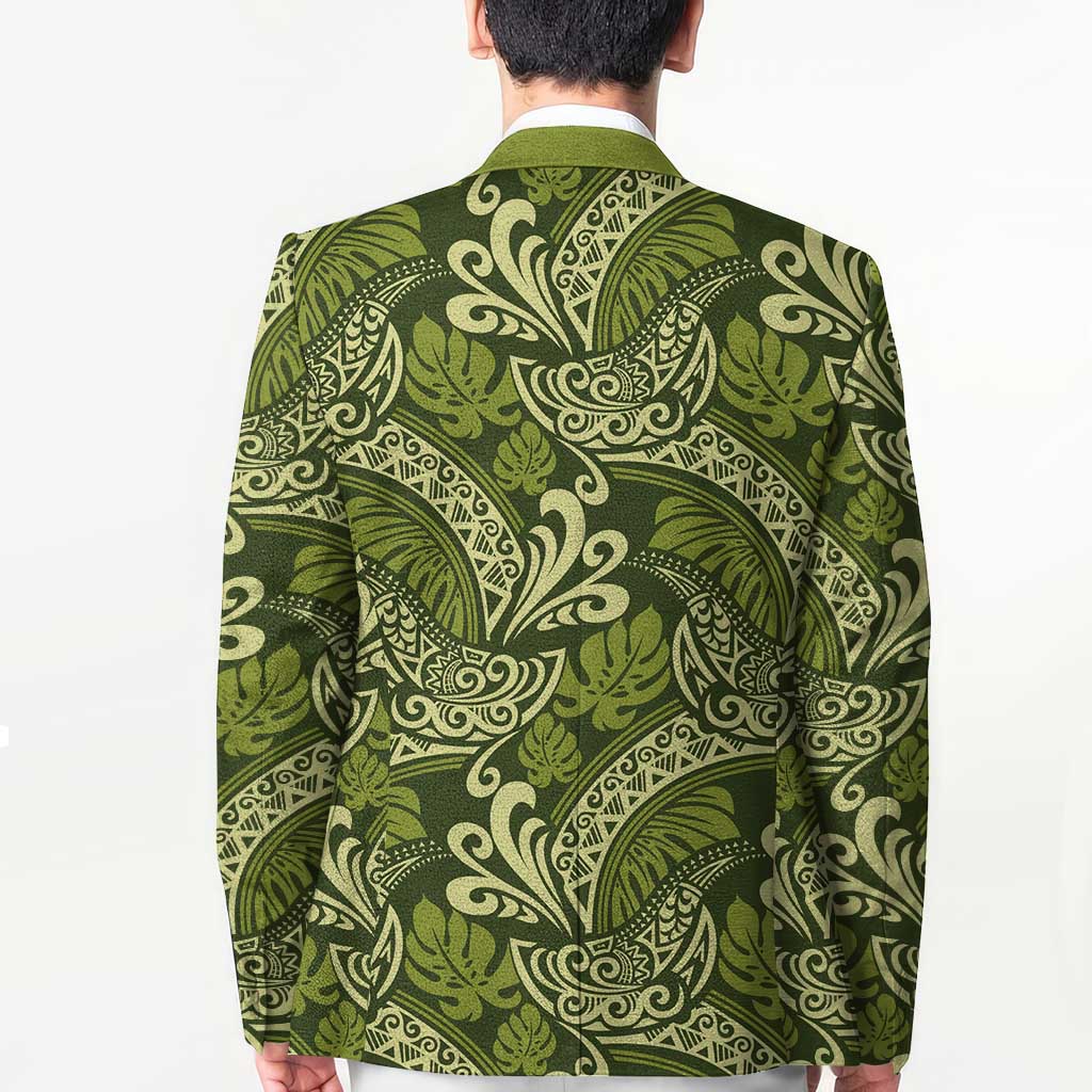 Olive Green Monstera Blazer Polynesian Tribal Pattern - Polynesian Pride