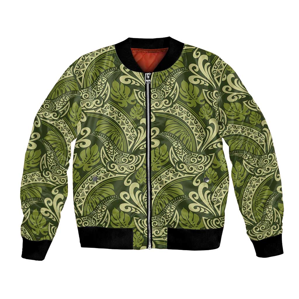 Olive Green Monstera Bomber Jacket Polynesian Tribal Pattern - Polynesian Pride