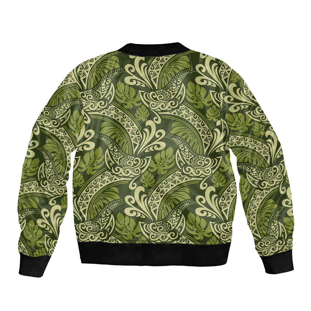 Olive Green Monstera Bomber Jacket Polynesian Tribal Pattern - Polynesian Pride