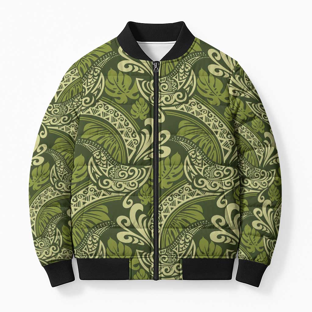 Olive Green Monstera Bomber Puffer Jacket Polynesian Tribal Pattern - Polynesian Pride