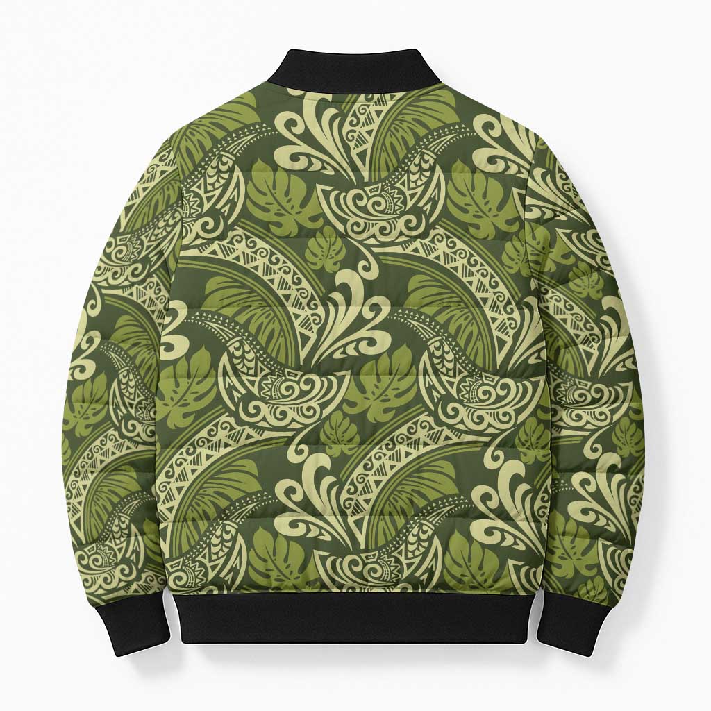 Olive Green Monstera Bomber Puffer Jacket Polynesian Tribal Pattern - Polynesian Pride