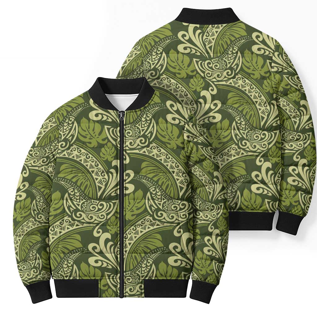 Olive Green Monstera Bomber Puffer Jacket Polynesian Tribal Pattern - Polynesian Pride