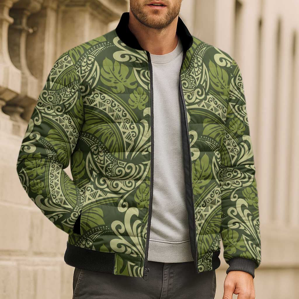 Olive Green Monstera Bomber Puffer Jacket Polynesian Tribal Pattern - Polynesian Pride