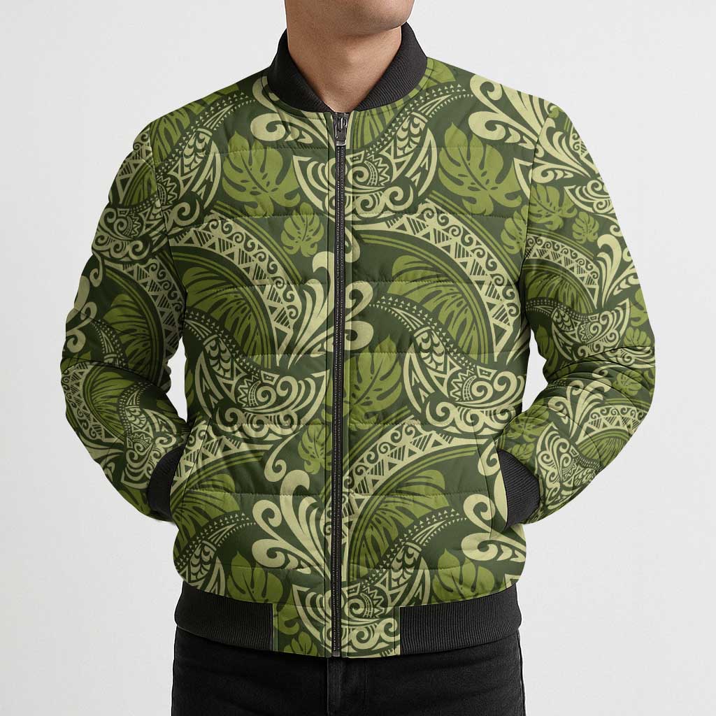 Olive Green Monstera Bomber Puffer Jacket Polynesian Tribal Pattern - Polynesian Pride