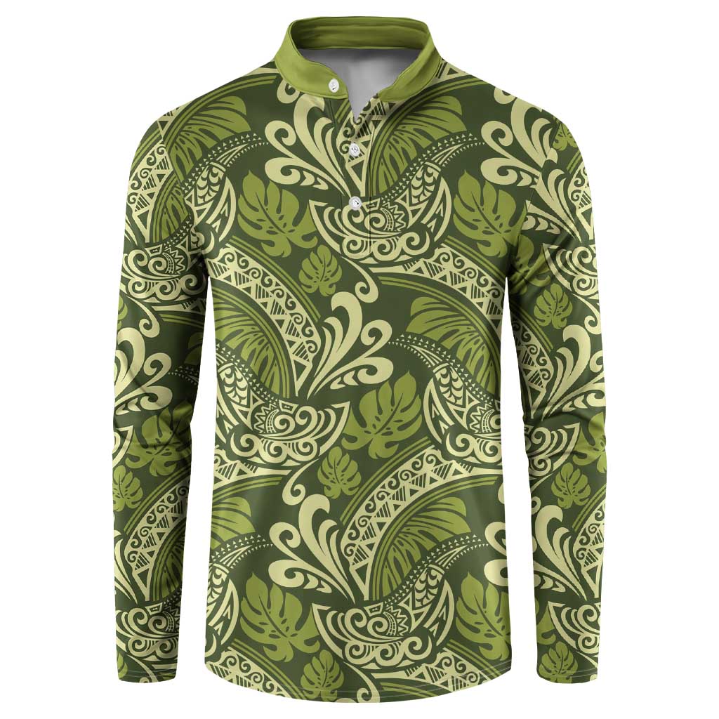 Olive Green Monstera Button Sweatshirt Polynesian Tribal Pattern - Polynesian Pride
