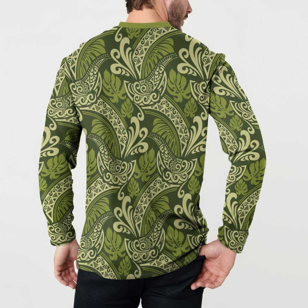 Olive Green Monstera Button Sweatshirt Polynesian Tribal Pattern - Polynesian Pride