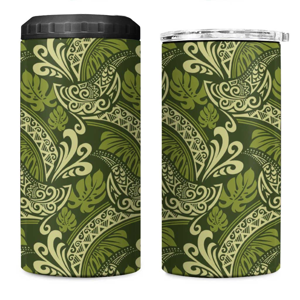 Olive Green Monstera 4 in 1 Can Cooler Tumbler Polynesian Tribal Pattern - Polynesian Pride
