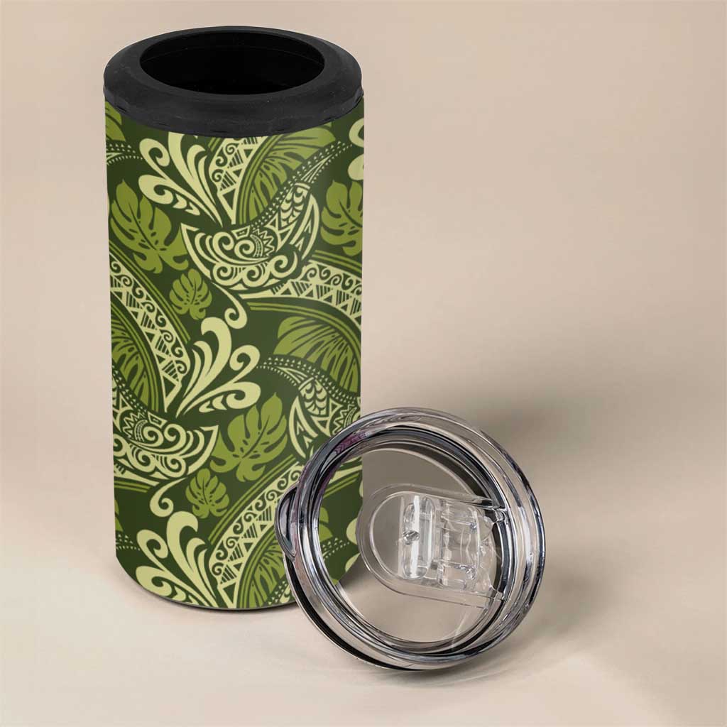 Olive Green Monstera 4 in 1 Can Cooler Tumbler Polynesian Tribal Pattern - Polynesian Pride
