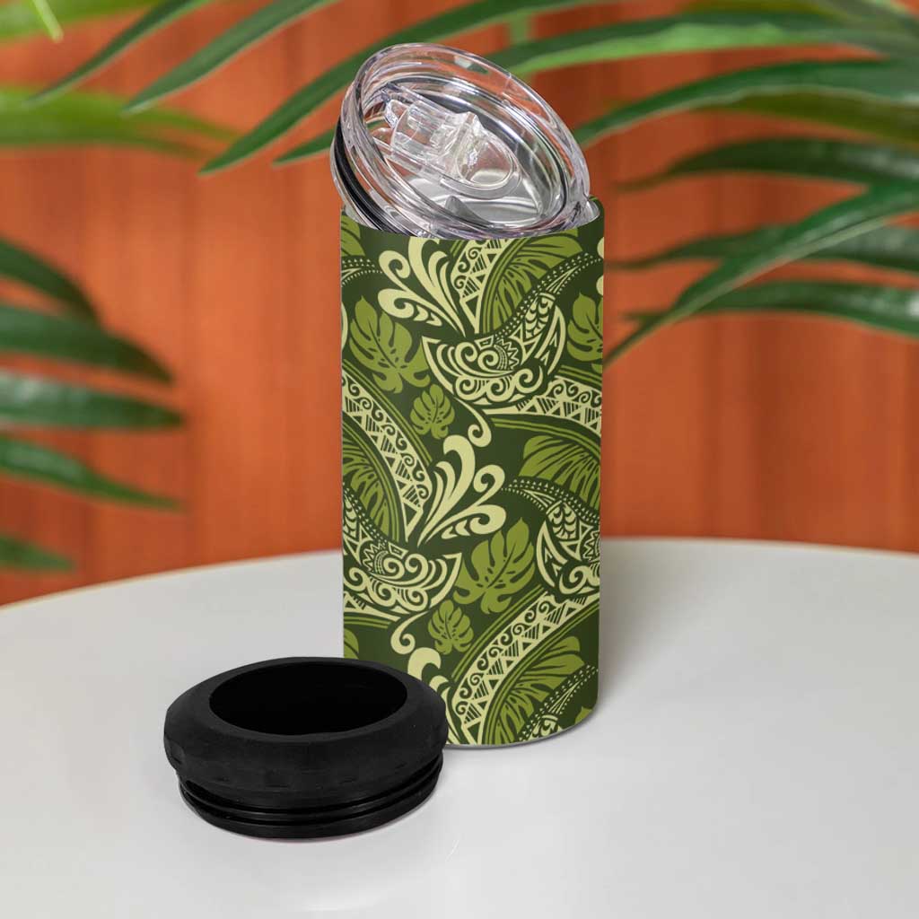 Olive Green Monstera 4 in 1 Can Cooler Tumbler Polynesian Tribal Pattern - Polynesian Pride