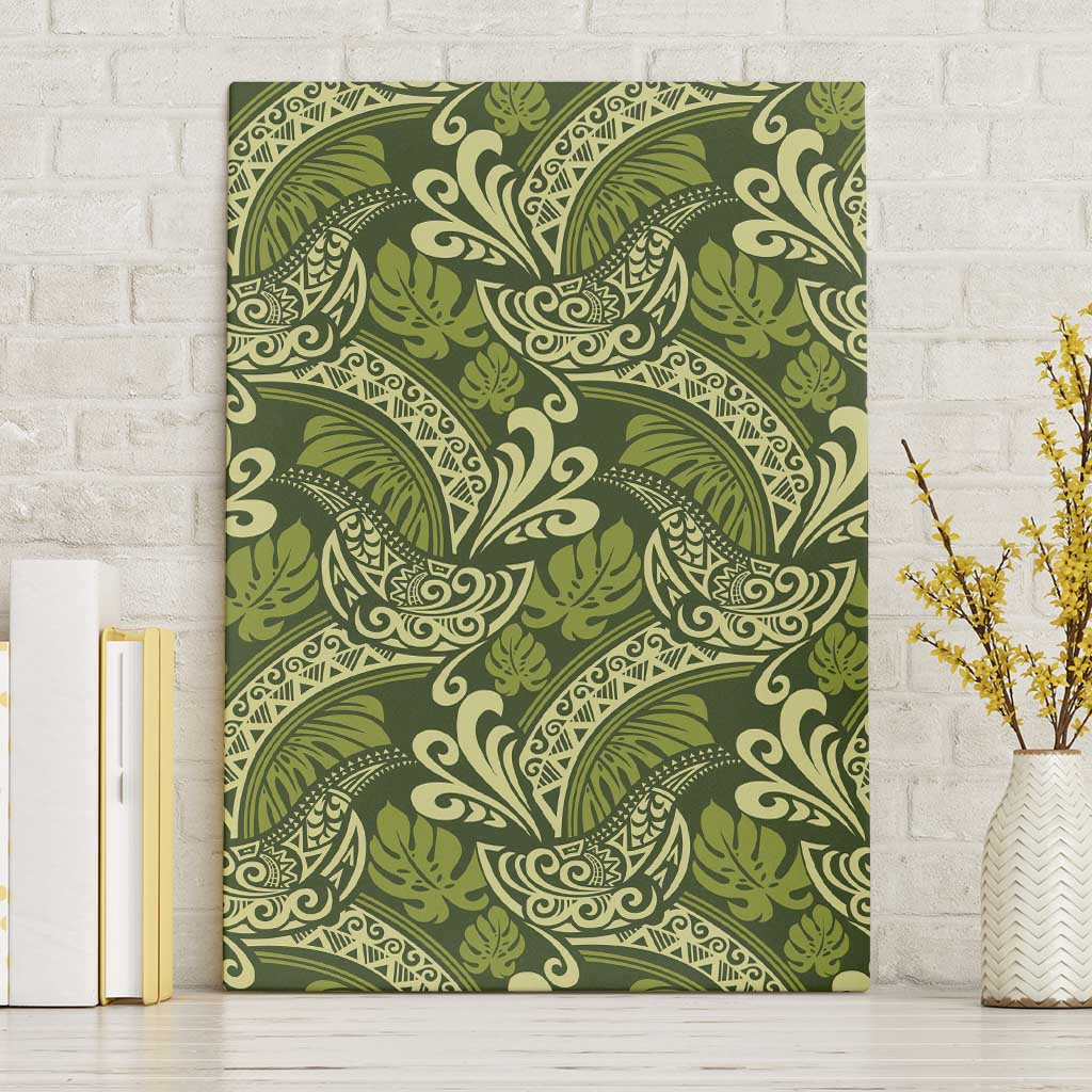 Olive Green Monstera Canvas Wall Art Polynesian Tribal Pattern - Polynesian Pride