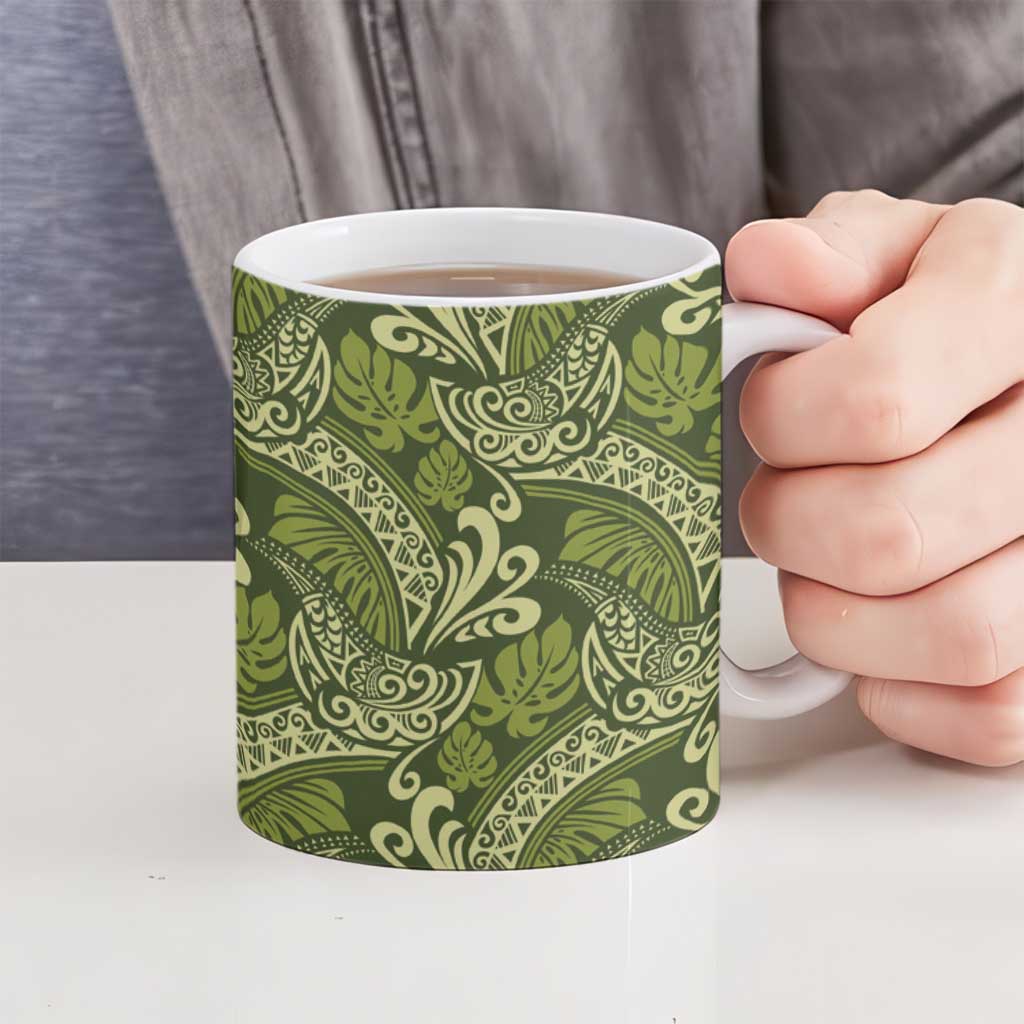Olive Green Monstera Ceramic Mug Polynesian Tribal Pattern - Polynesian Pride