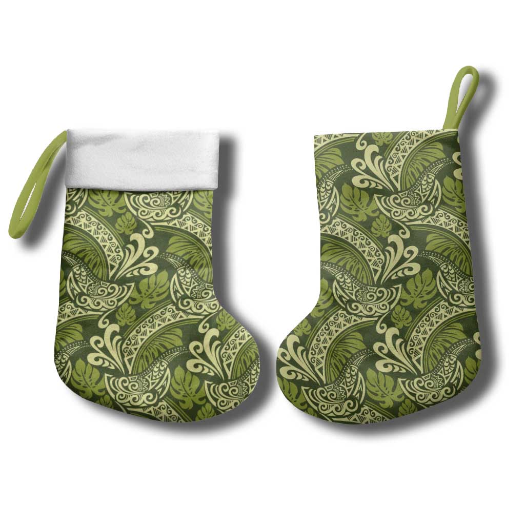 Olive Green Monstera Christmas Stocking Polynesian Tribal Pattern - Polynesian Pride