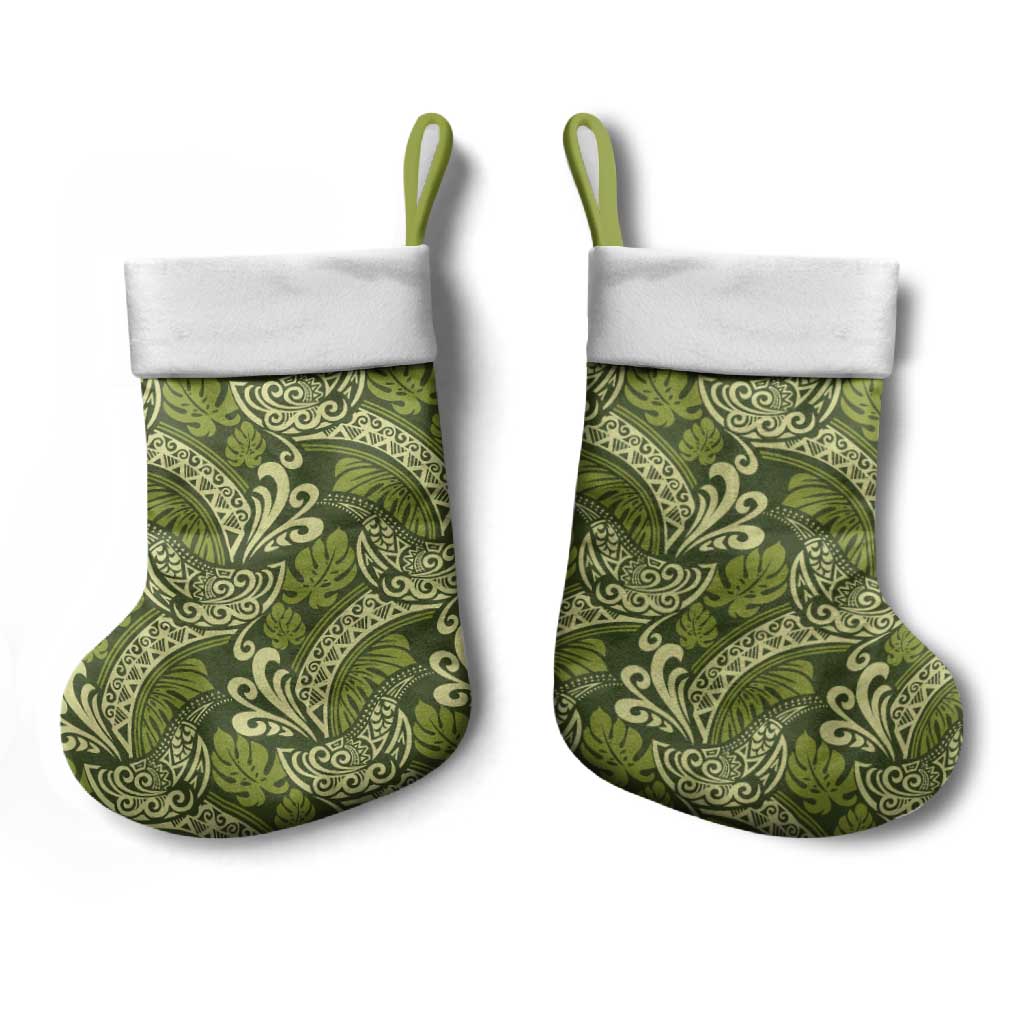 Olive Green Monstera Christmas Stocking Polynesian Tribal Pattern - Polynesian Pride