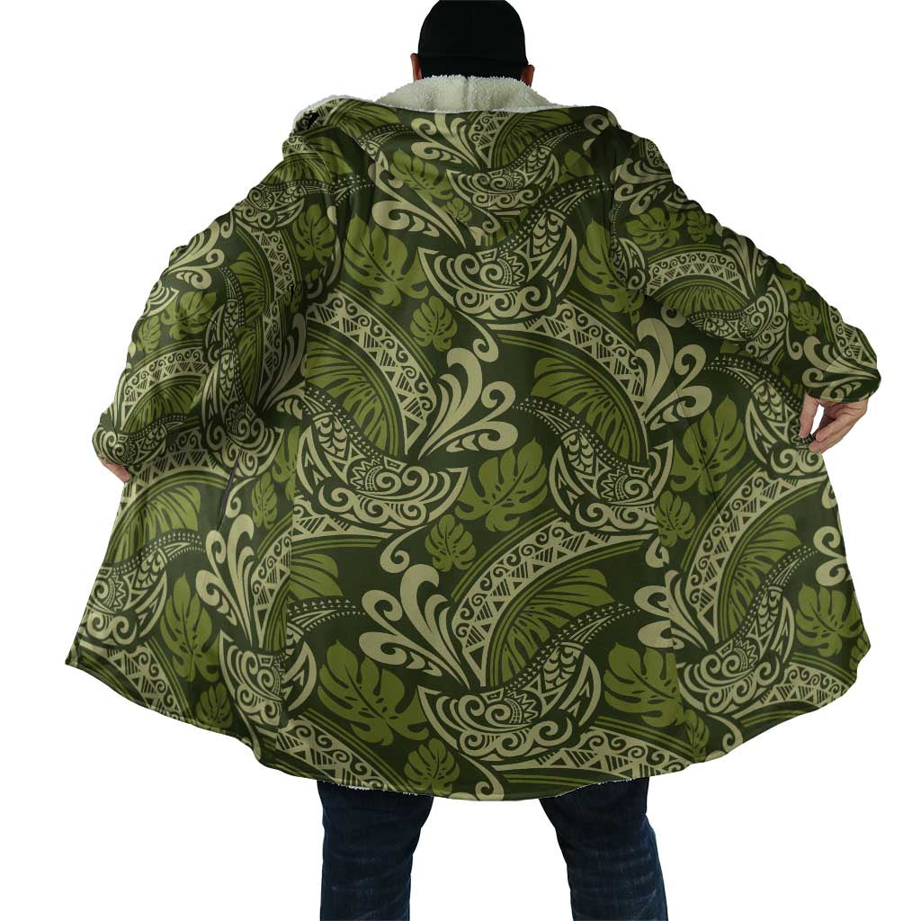 Olive Green Monstera Cloak Polynesian Tribal Pattern - Polynesian Pride