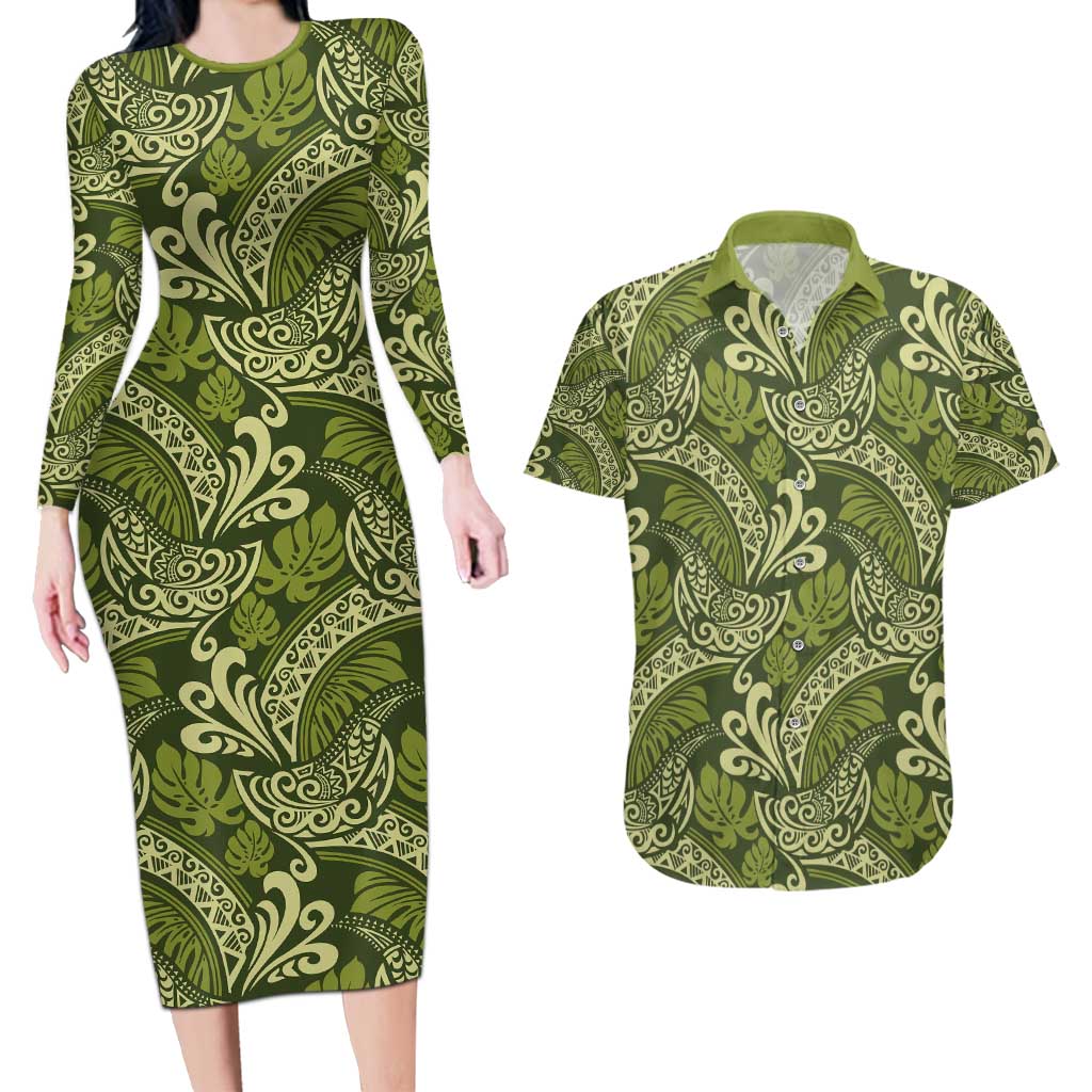 Olive Green Monstera Couples Matching Long Sleeve Bodycon Dress and Hawaiian Shirt Polynesian Tribal Pattern - Polynesian Pride
