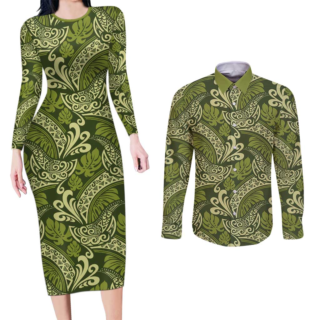 Olive Green Monstera Couples Matching Long Sleeve Bodycon Dress and Long Sleeve Button Shirt Polynesian Tribal Pattern - Polynesian Pride