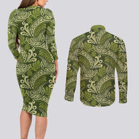 Olive Green Monstera Couples Matching Long Sleeve Bodycon Dress and Long Sleeve Button Shirt Polynesian Tribal Pattern - Polynesian Pride