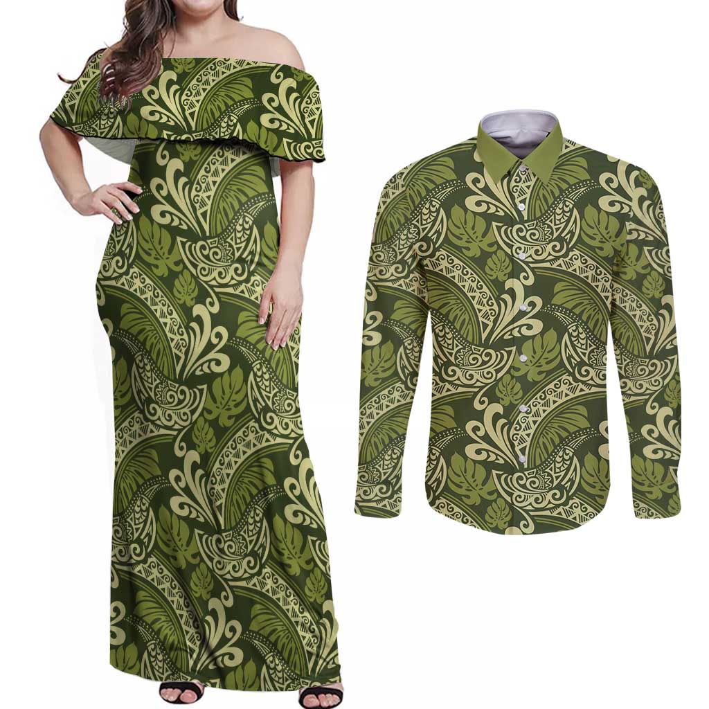 Olive Green Monstera Couples Matching Off Shoulder Maxi Dress and Long Sleeve Button Shirt Polynesian Tribal Pattern - Polynesian Pride