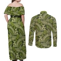 Olive Green Monstera Couples Matching Off Shoulder Maxi Dress and Long Sleeve Button Shirt Polynesian Tribal Pattern - Polynesian Pride