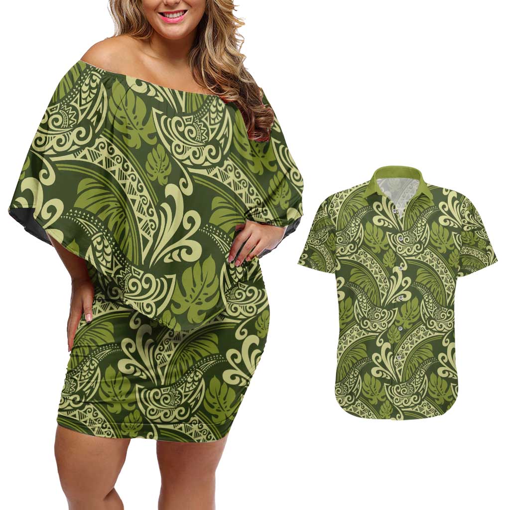 Olive Green Monstera Couples Matching Off Shoulder Short Dress and Hawaiian Shirt Polynesian Tribal Pattern - Polynesian Pride