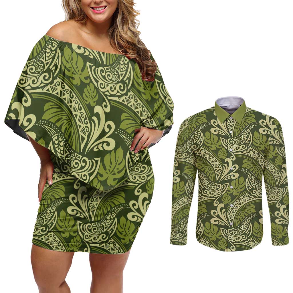 Olive Green Monstera Couples Matching Off Shoulder Short Dress and Long Sleeve Button Shirt Polynesian Tribal Pattern - Polynesian Pride