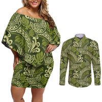 Olive Green Monstera Couples Matching Off Shoulder Short Dress and Long Sleeve Button Shirt Polynesian Tribal Pattern - Polynesian Pride