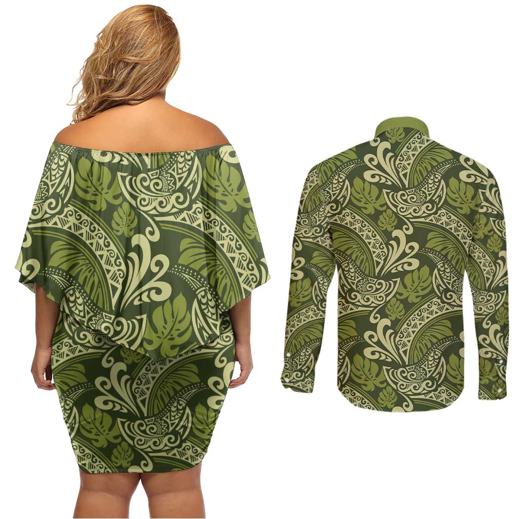 Olive Green Monstera Couples Matching Off Shoulder Short Dress and Long Sleeve Button Shirt Polynesian Tribal Pattern - Polynesian Pride