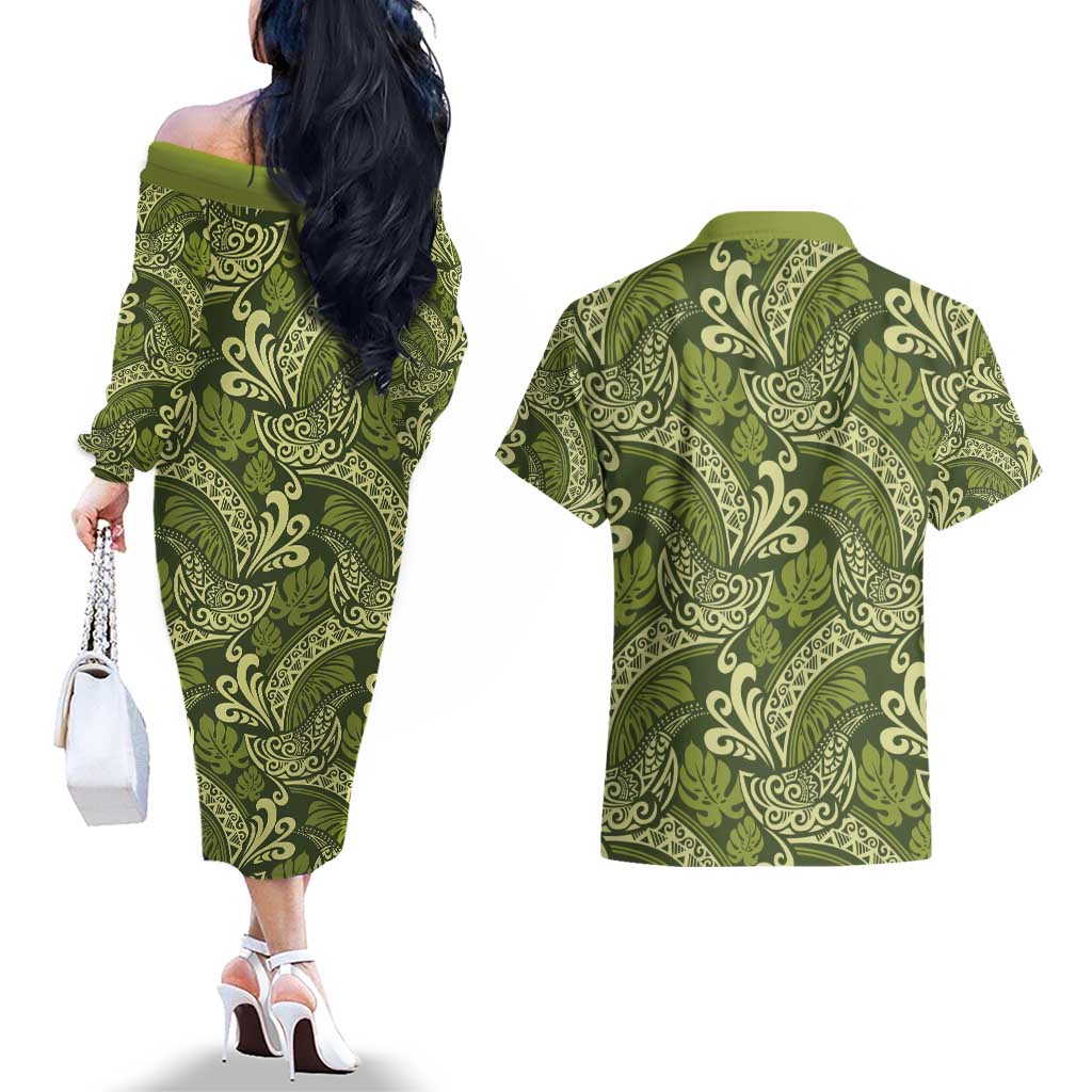 Olive Green Monstera Couples Matching Off The Shoulder Long Sleeve Dress and Hawaiian Shirt Polynesian Tribal Pattern - Polynesian Pride