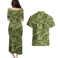 Olive Green Monstera Couples Matching Puletasi and Hawaiian Shirt Polynesian Tribal Pattern - Polynesian Pride