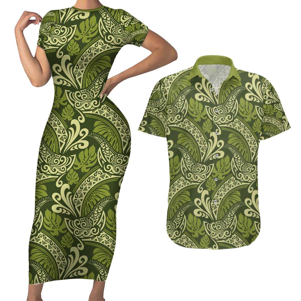 Olive Green Monstera Couples Matching Short Sleeve Bodycon Dress and Hawaiian Shirt Polynesian Tribal Pattern - Polynesian Pride