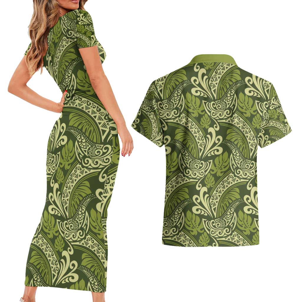 Olive Green Monstera Couples Matching Short Sleeve Bodycon Dress and Hawaiian Shirt Polynesian Tribal Pattern - Polynesian Pride