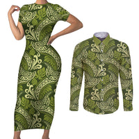 Olive Green Monstera Couples Matching Short Sleeve Bodycon Dress and Long Sleeve Button Shirt Polynesian Tribal Pattern - Polynesian Pride