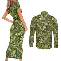 Olive Green Monstera Couples Matching Short Sleeve Bodycon Dress and Long Sleeve Button Shirt Polynesian Tribal Pattern - Polynesian Pride