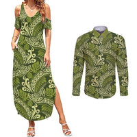 Olive Green Monstera Couples Matching Summer Maxi Dress and Long Sleeve Button Shirt Polynesian Tribal Pattern - Polynesian Pride