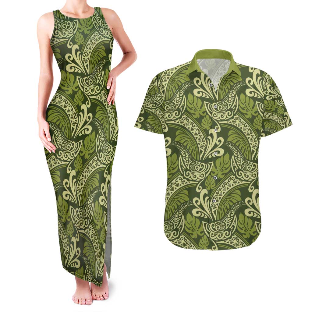 Olive Green Monstera Couples Matching Tank Maxi Dress and Hawaiian Shirt Polynesian Tribal Pattern - Polynesian Pride