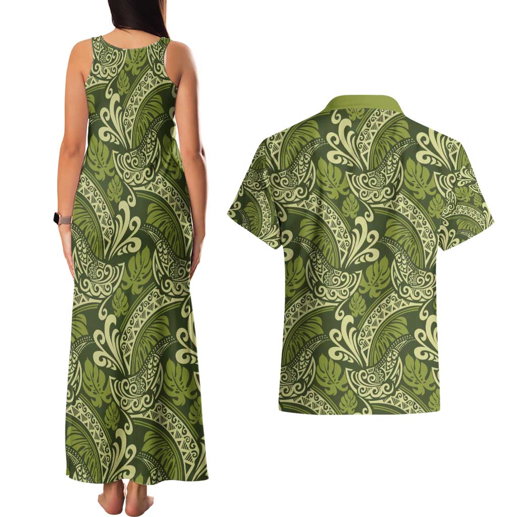 Olive Green Monstera Couples Matching Tank Maxi Dress and Hawaiian Shirt Polynesian Tribal Pattern - Polynesian Pride