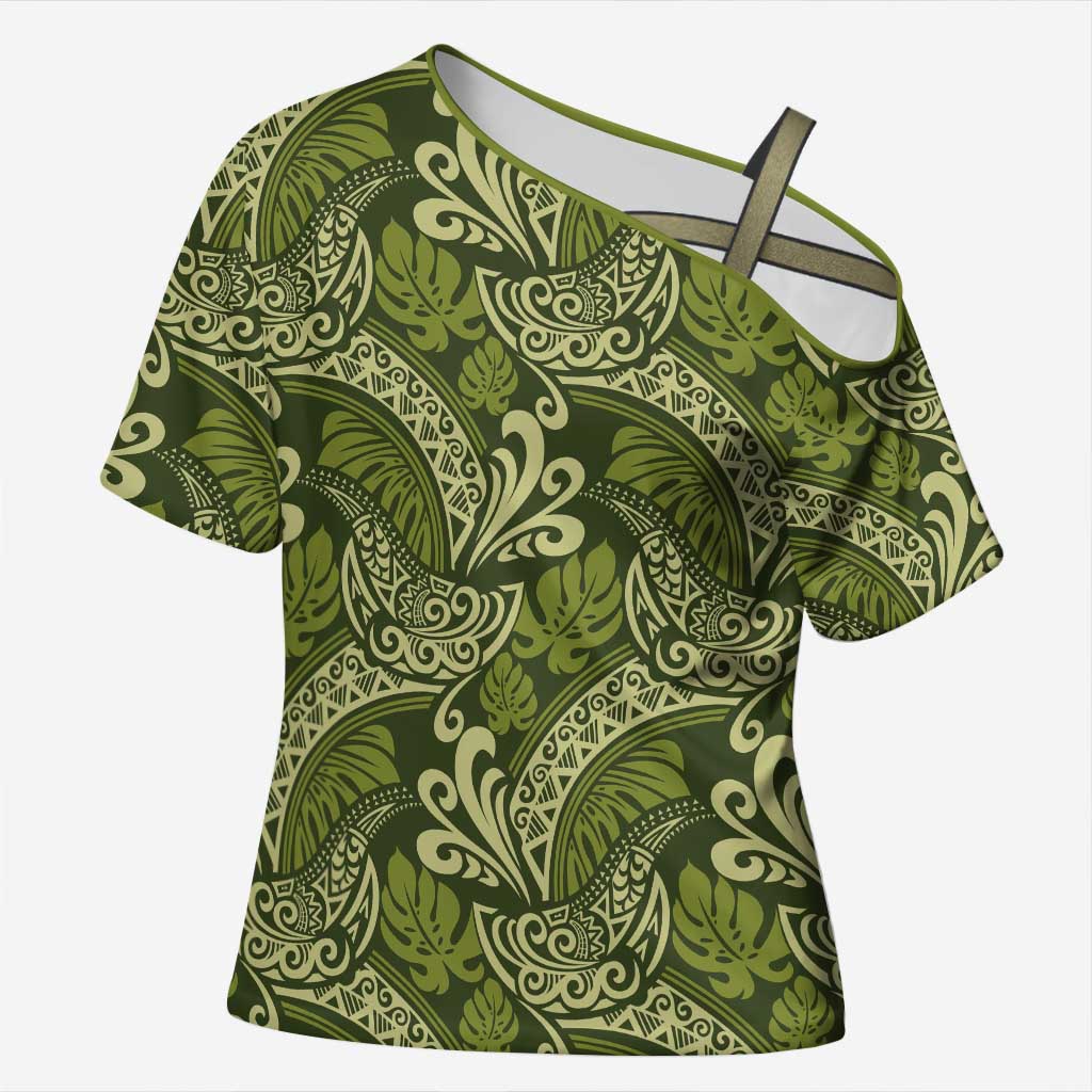 Olive Green Monstera Cross Shoulder Shirt Polynesian Tribal Pattern - Polynesian Pride