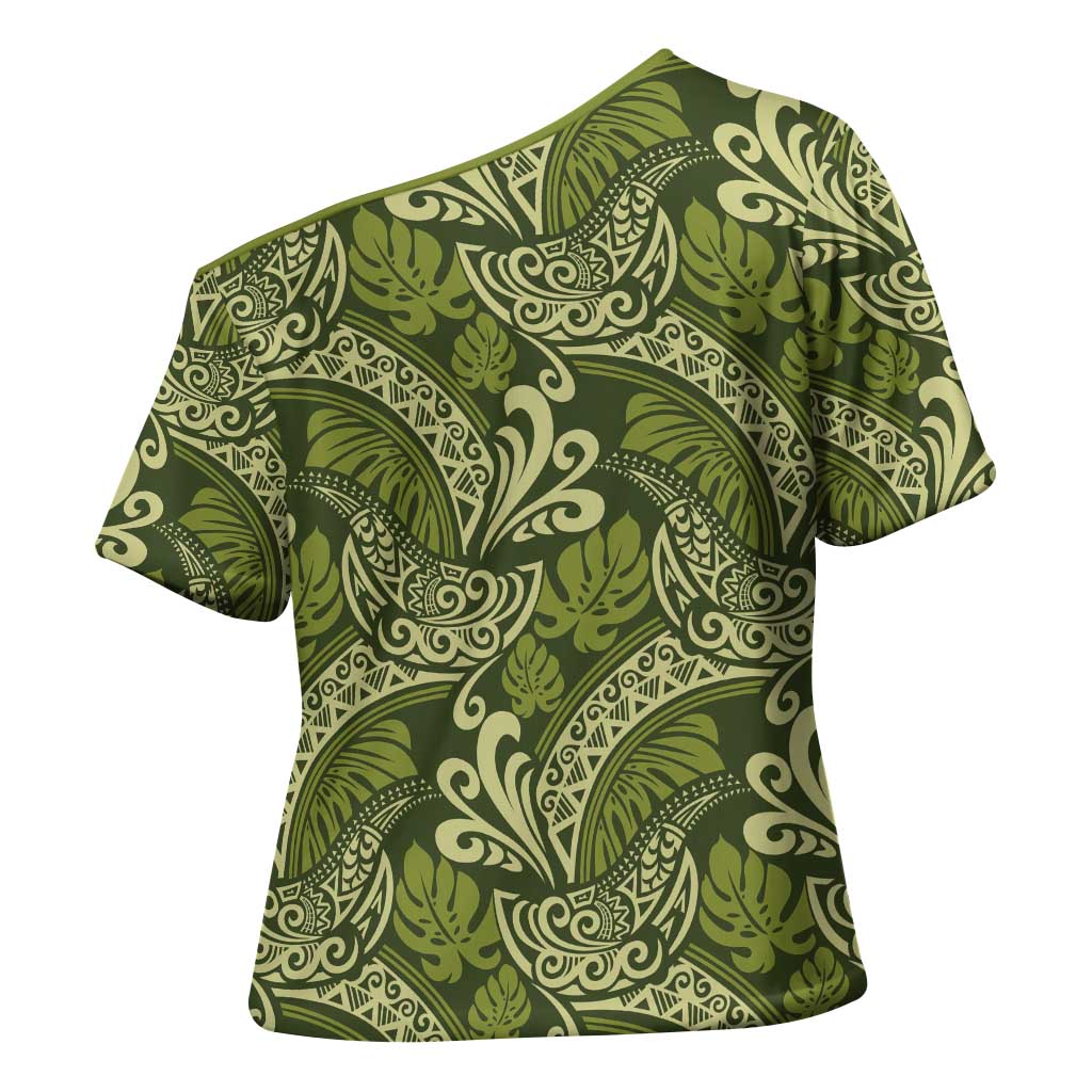Olive Green Monstera Cross Shoulder Shirt Polynesian Tribal Pattern - Polynesian Pride