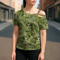 Olive Green Monstera Cross Shoulder Shirt Polynesian Tribal Pattern - Polynesian Pride