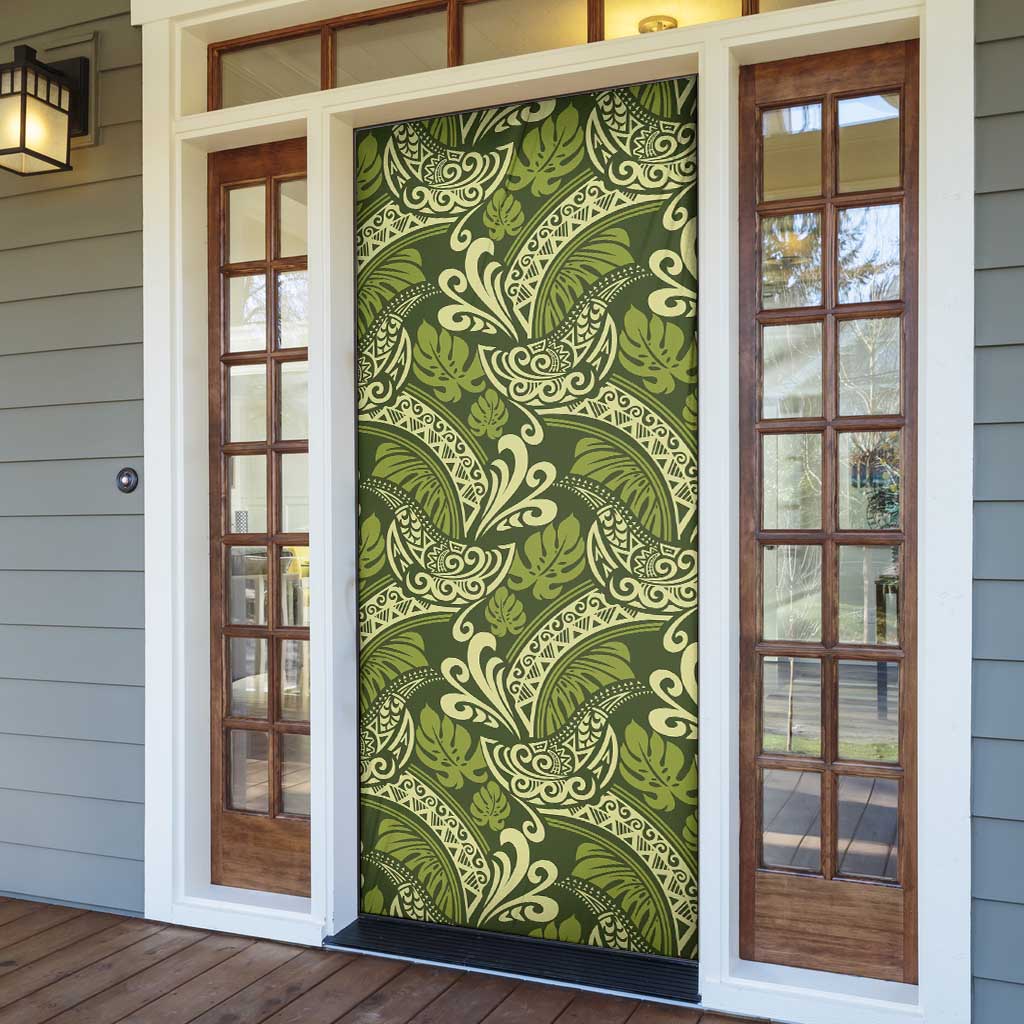 Olive Green Monstera Door Cover Polynesian Tribal Pattern - Polynesian Pride