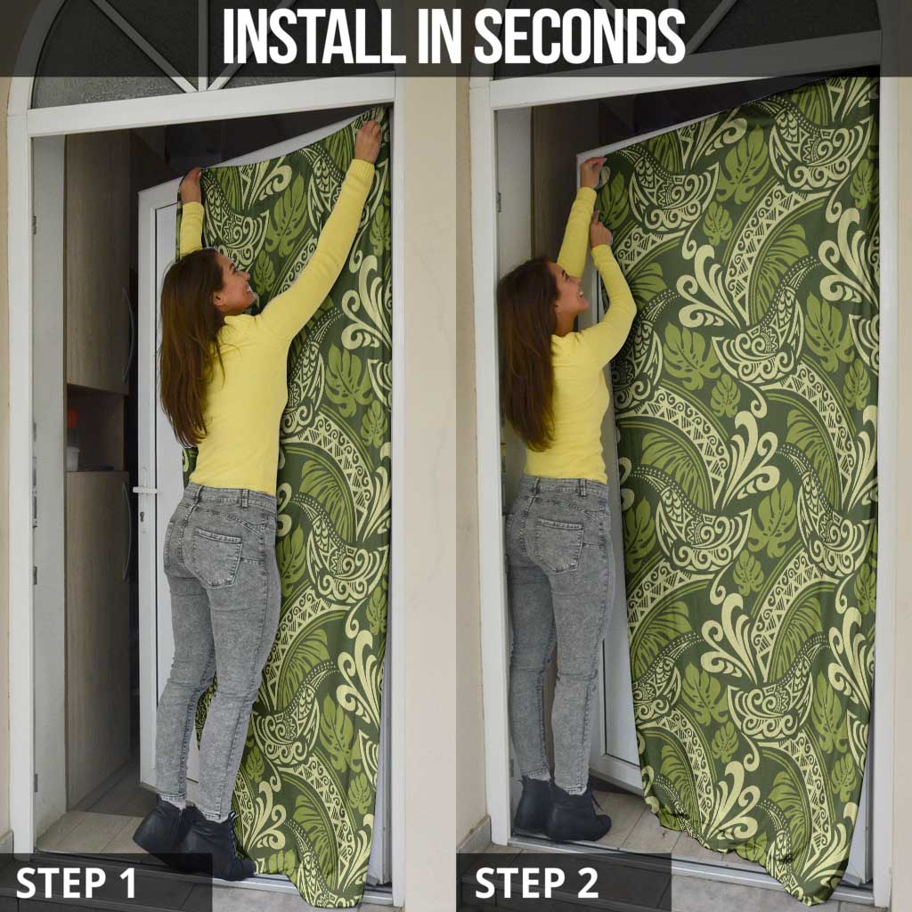 Olive Green Monstera Door Cover Polynesian Tribal Pattern - Polynesian Pride
