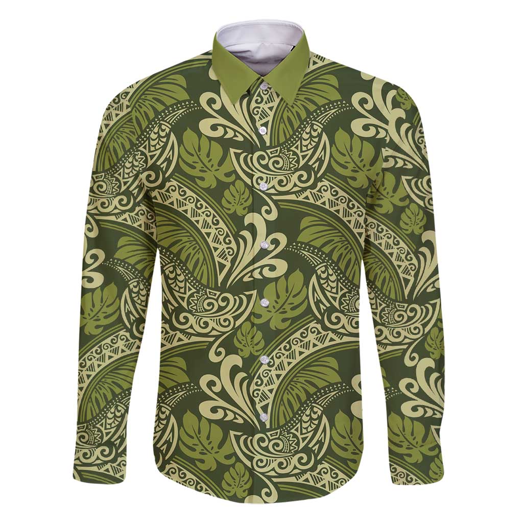 Olive Green Monstera Family Matching Long Sleeve Bodycon Dress and Hawaiian Shirt Polynesian Tribal Pattern - Polynesian Pride