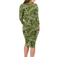Olive Green Monstera Family Matching Long Sleeve Bodycon Dress and Hawaiian Shirt Polynesian Tribal Pattern - Polynesian Pride