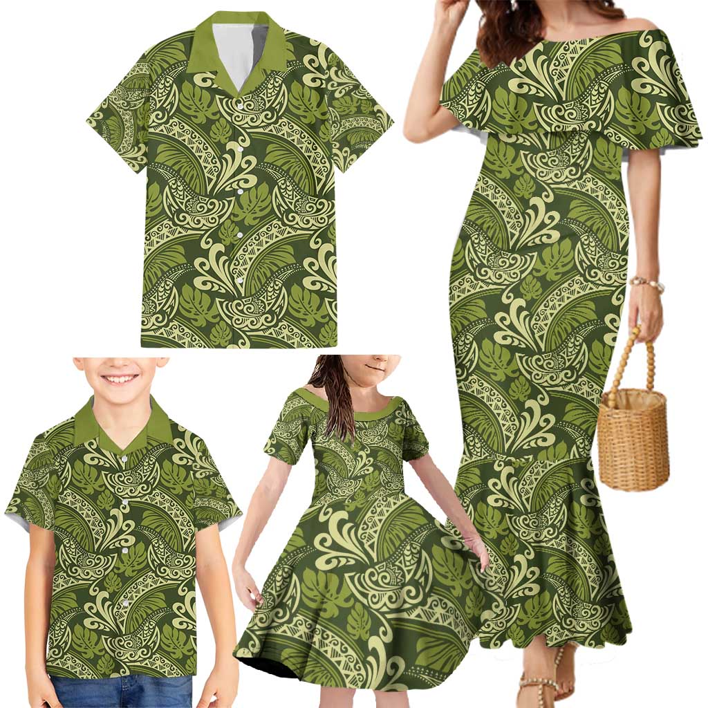 Olive Green Monstera Family Matching Mermaid Dress and Hawaiian Shirt Polynesian Tribal Pattern - Polynesian Pride